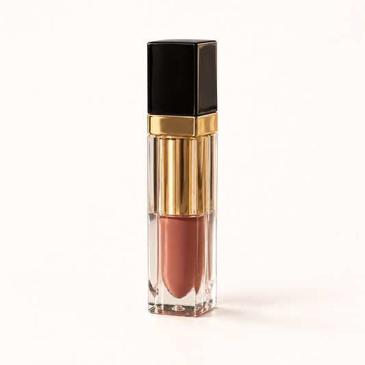 IAMROYLT nude lip gloss in a clear tube with a gold collar and black cap on a warm ivory background.